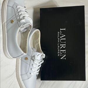 Ralph Lauren White Leather Sneakers with Gold Logo Accent